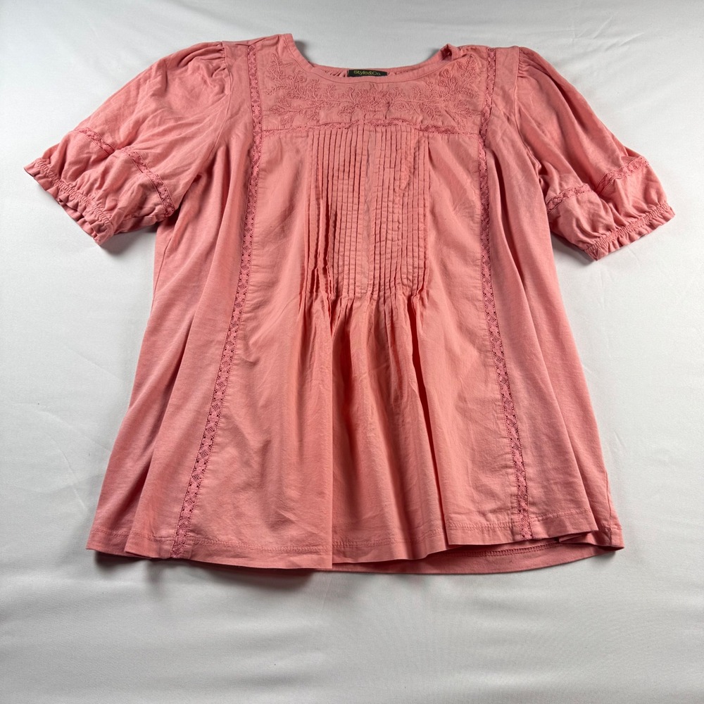 Style & Co Pink Embroidered Boho Lace Trim Pleated Knit Top XL Womens